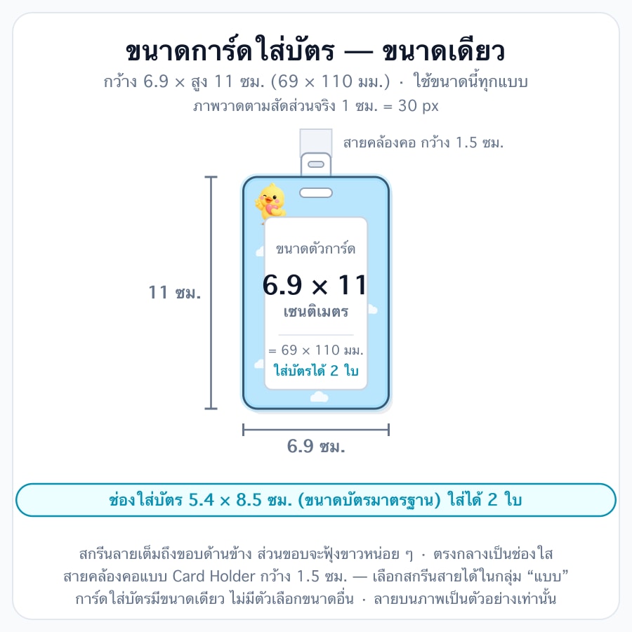 6.9 × 11 ซม. (ใส่บัตรได้ 2 ใบ)