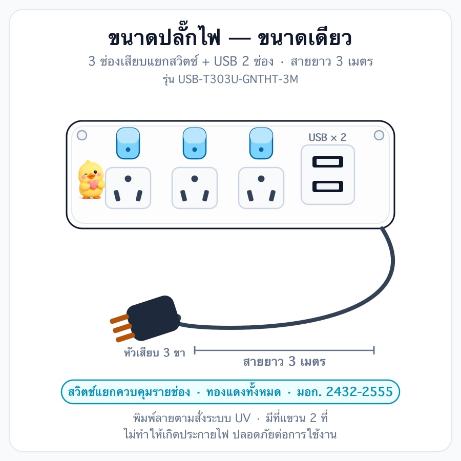 3 ช่องเสียบ + USB 2 ช่อง · สายยาว 3 เมตร